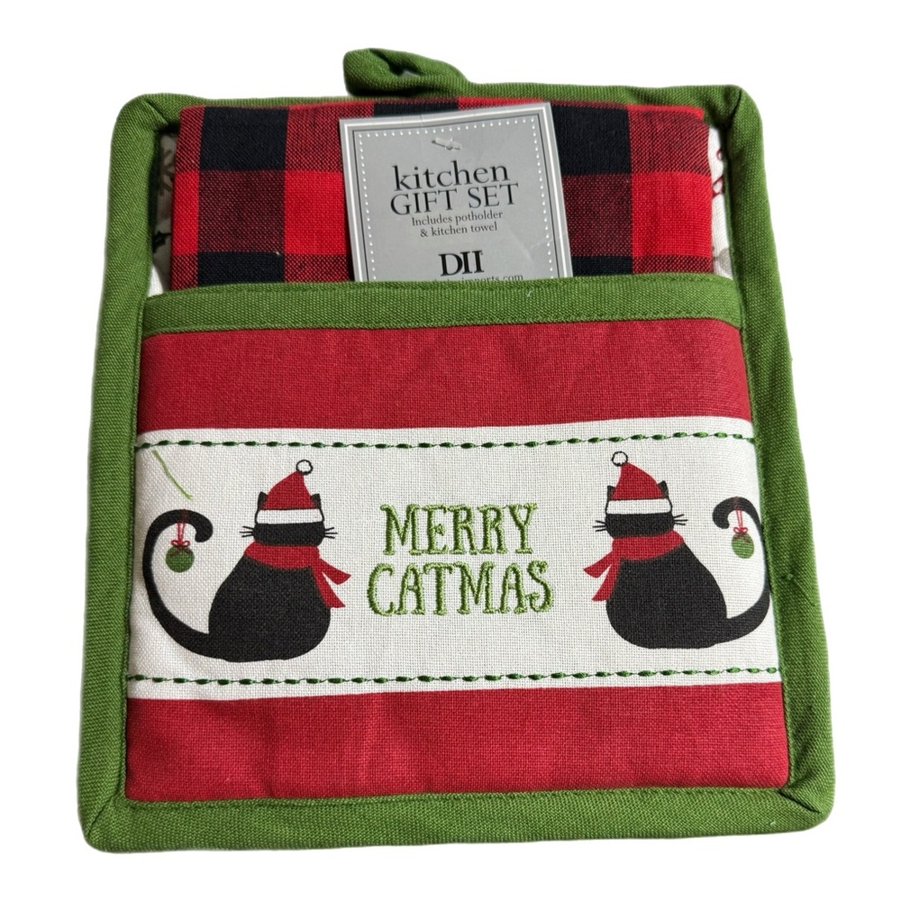Merry Catmas Buffalo Plaid 28 x 18 Dish Towel and Cotton Potholder Gift Set - Picture 2 of 3